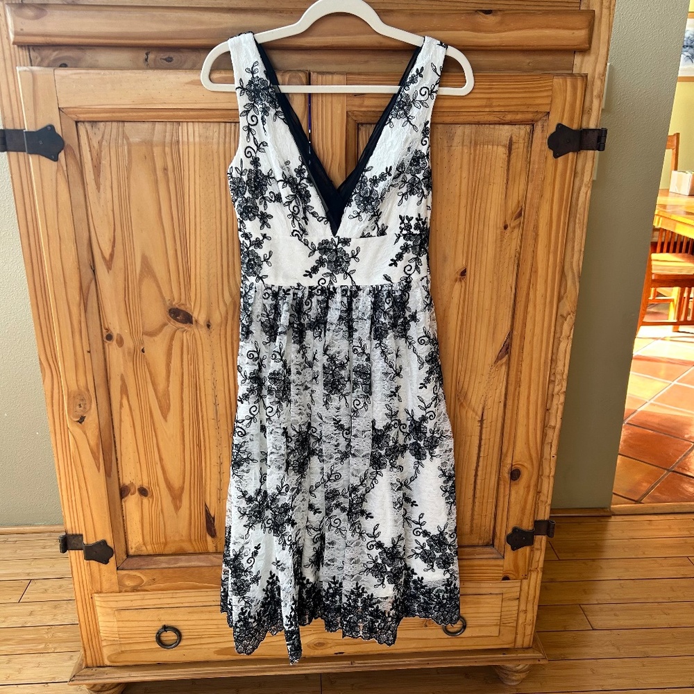 Vera Wang Cocktail Dress Black and White Lace V Neck Back Fully Lined Size 2
